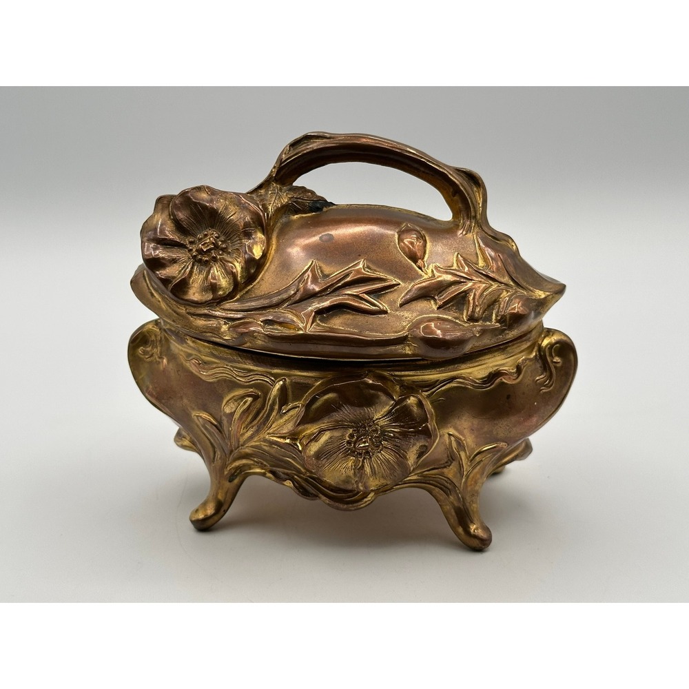 Vintage Art Nouveau 1908 Weidlich Gold Ormolu Floral Jewelry Trinket Box 6"